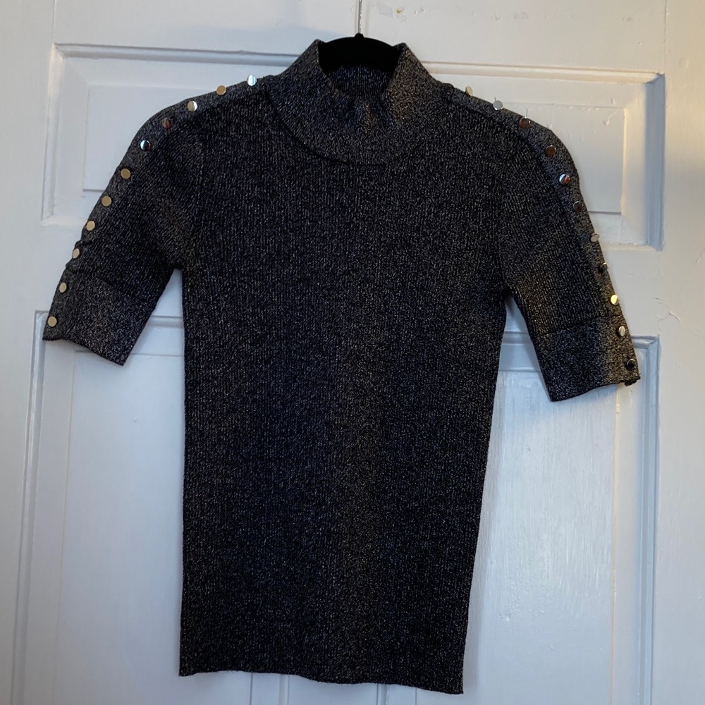 NWT Elie Tahari Black Metallic Knit Short Sleeve Top, size XS